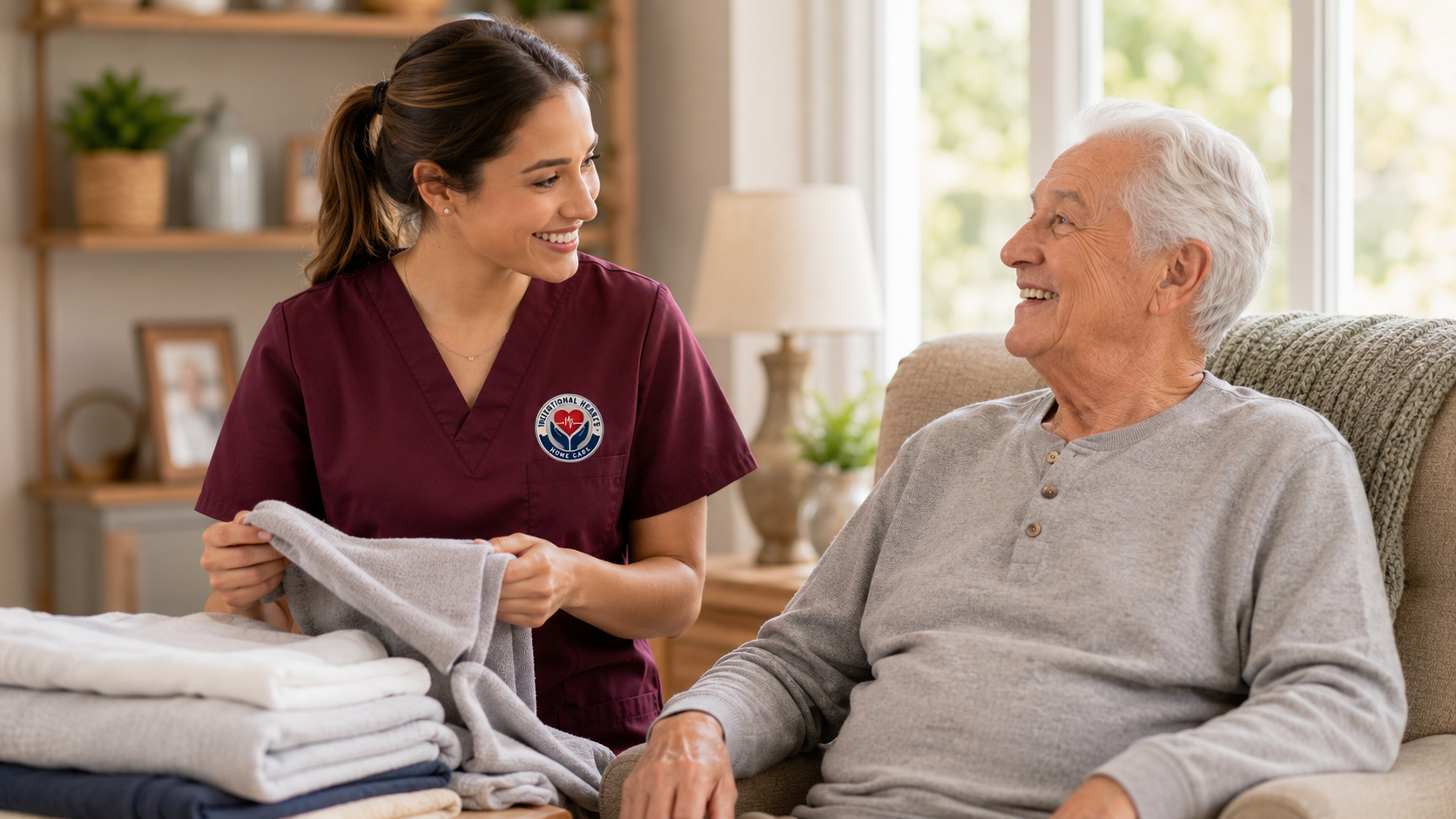 Caregiver smiling with a senior client in a warm home setting