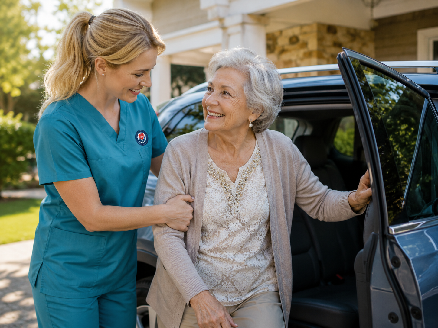 Caregiver assisting senior with safe transportation