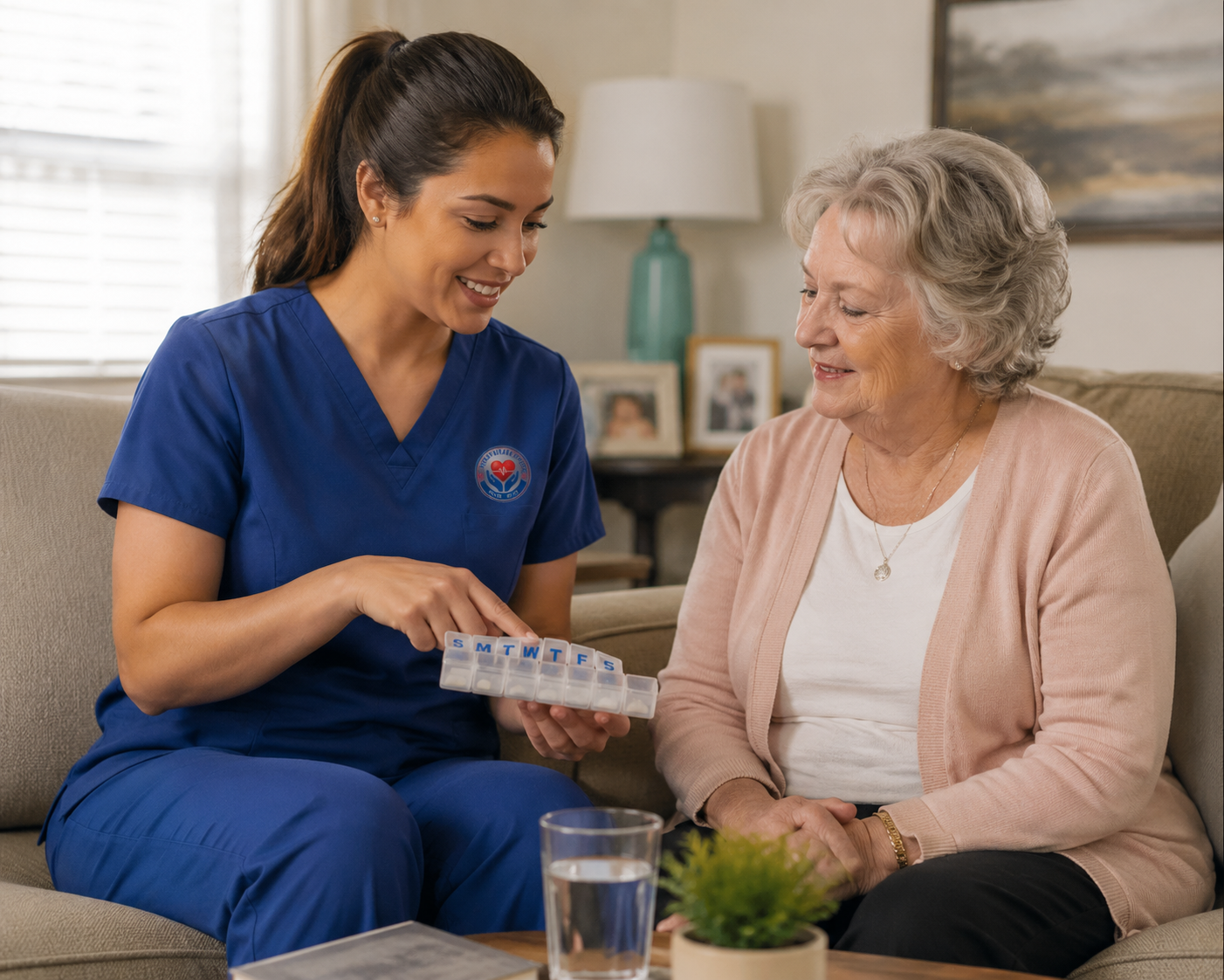 Caregiver providing gentle medication reminders and schedule support