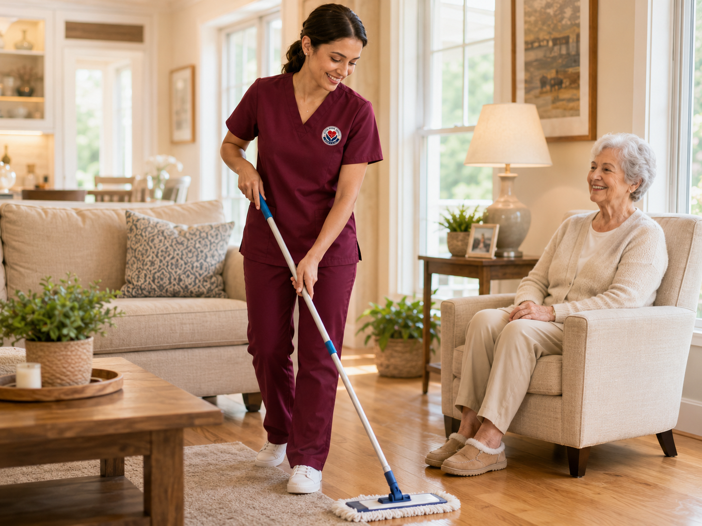 Caregiver maintaining a clean, comfortable living environment for senior